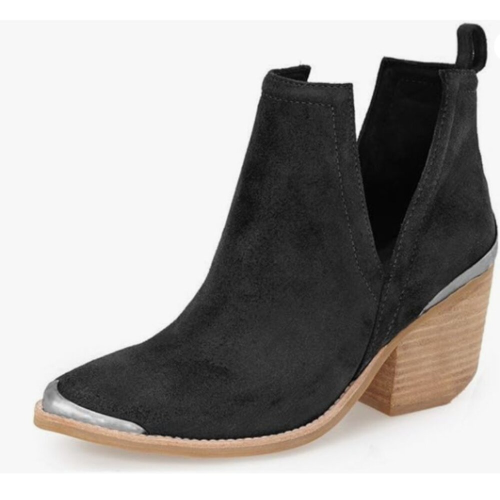 YDN Black Low Heeled Ankle Boots Faux Suede Cowboy Booties Cutout with Metal Toe